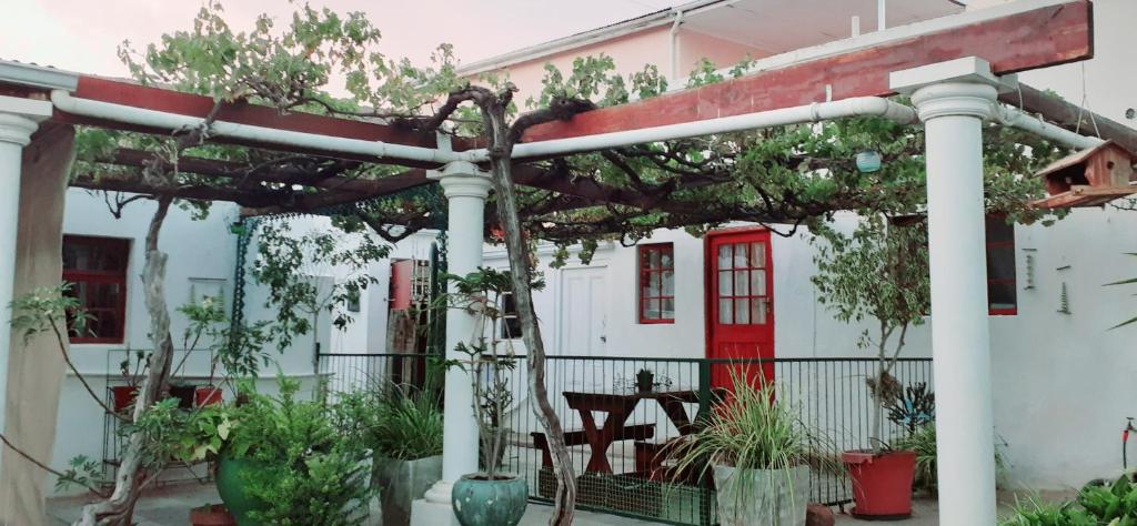 eine Pergola vor einem Haus mit Bäumen in der Unterkunft Flower's Halt in Graaff-Reinet