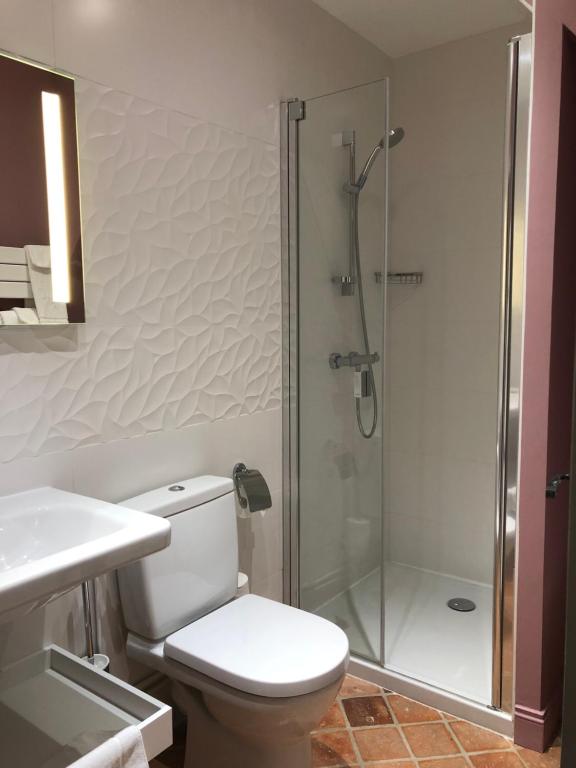 La salle de bains est pourvue d'une douche, de toilettes et d'un lavabo. dans l'établissement Relais Hôtelier Douce France, à Veules-les-Roses