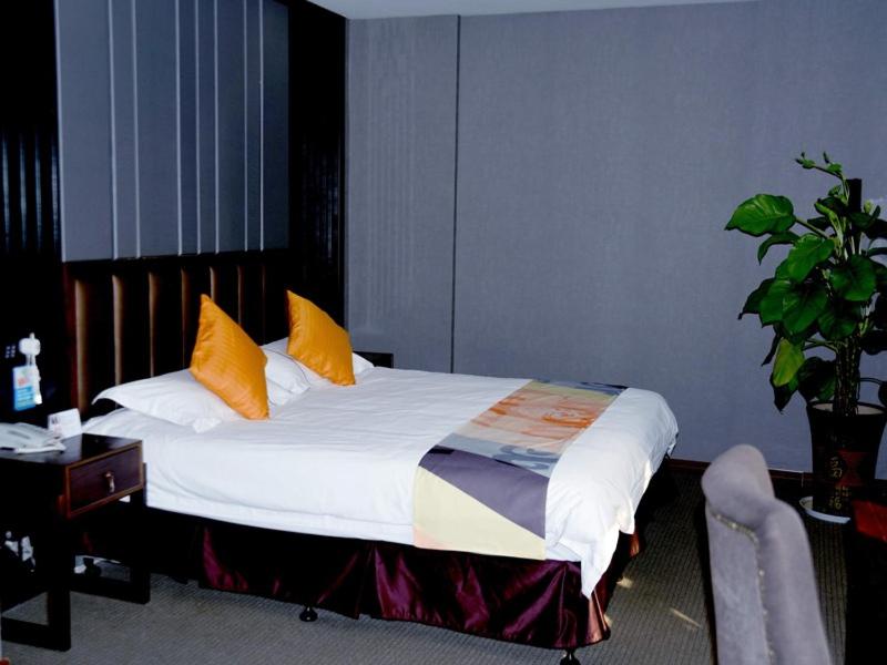 安慶市にあるShell Anqing City Yingjiang District Renmin Road Pedestrian Street Hotelのベッドルーム1室(黄色い枕2つ付きのベッド1台付)