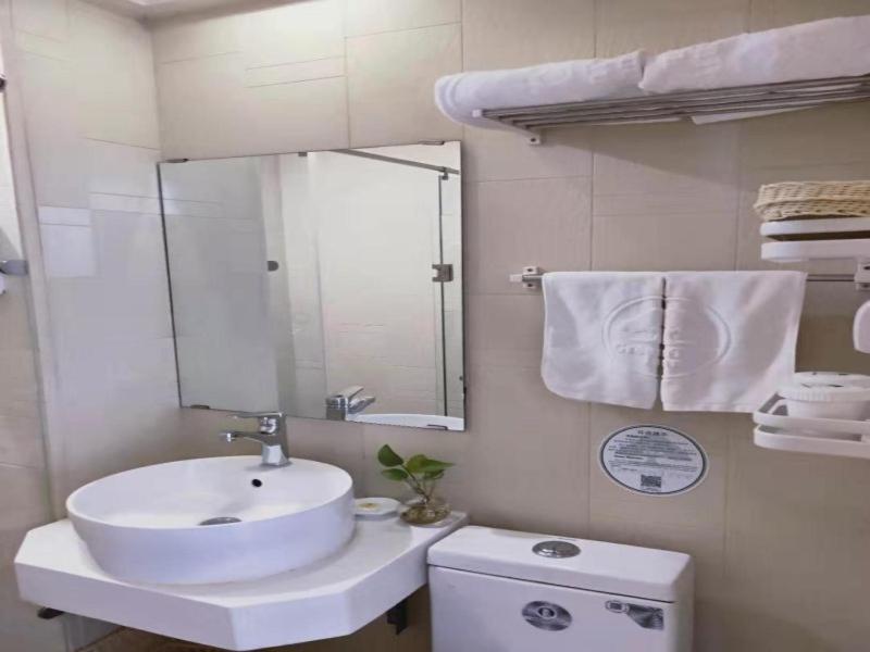 a bathroom with a sink and a mirror and a toilet at GreenTree Inn Tianjin Xiqing District Zhongbei Town Zhongbei Avenue Shell Hotel in Tianjin