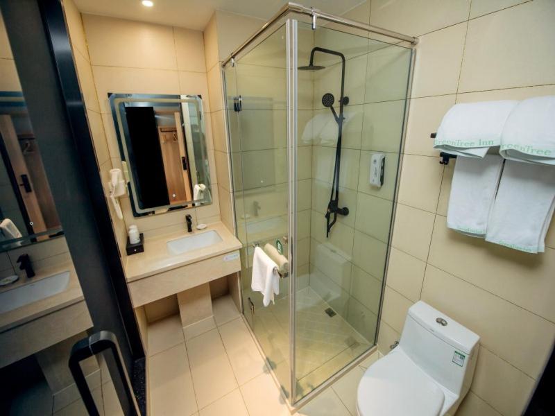 ein Badezimmer mit Dusche, Toilette und Waschbecken in der Unterkunft GreenTree Inn Taizhou Xinghua City Zhouzhuang Town Business Hotel in Taizhou