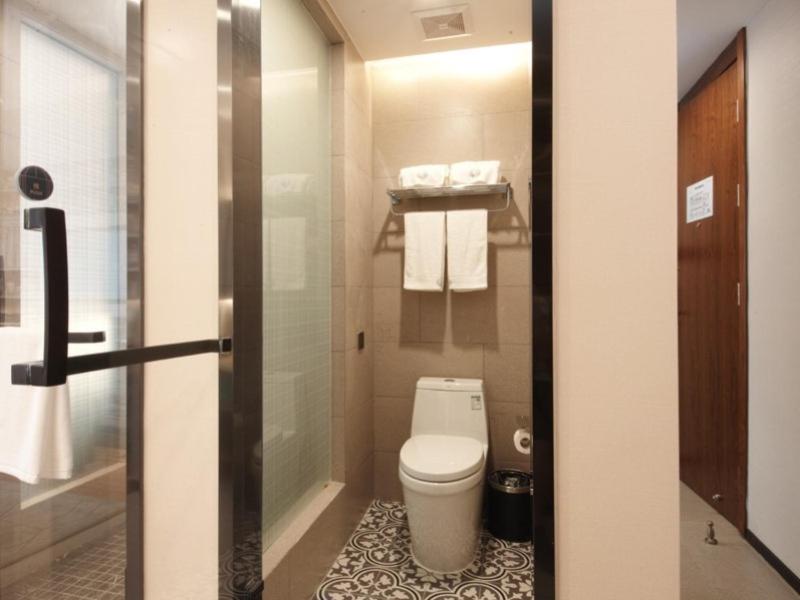 a small bathroom with a toilet and towels at GME Hefei Sanxiaokou Chenghuang Temple Xinghua Park Hotel in Hefei