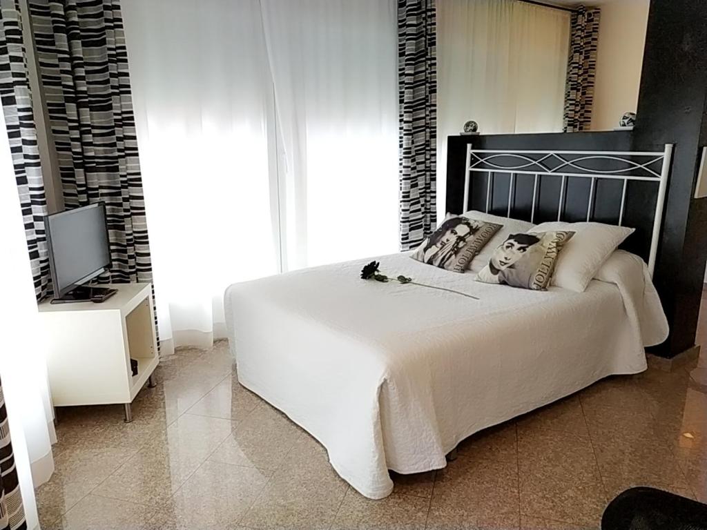 a bedroom with a large white bed and a television at Estudios Sierra De Francia in Béjar