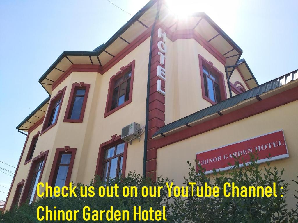 Un edificio con las palabras. Míranos en nuestro canal youtube. en Chinor Garden Hotel - Free Airport Pick-up and Drop-Off, en Tashkent