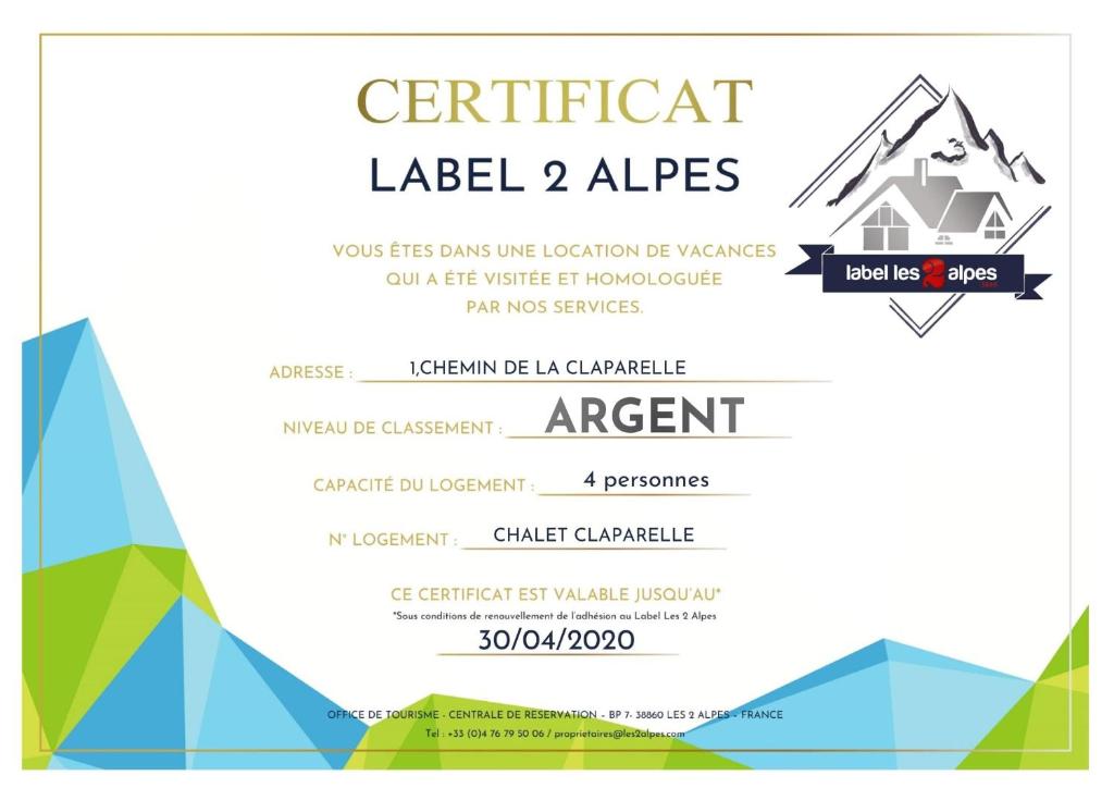 Certifikát, hodnocení, plakát nebo jiný dokument vystavený v ubytování Appartement Claparelle - Les 2 Alpes