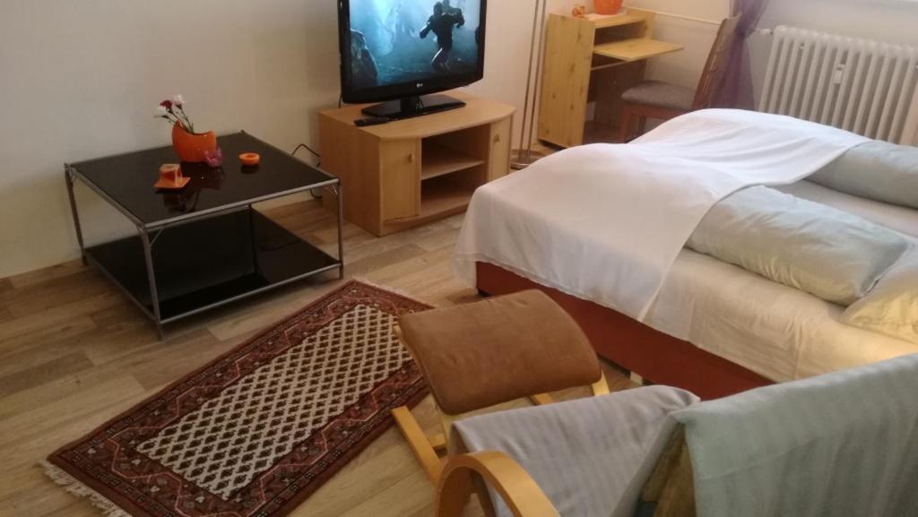 sypialnia z łóżkiem, telewizorem i krzesłem w obiekcie Flat2 for 2 people, WiFi w Ostravie