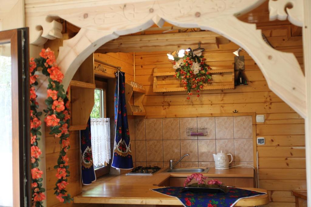 a kitchen with an archway in a log cabin at Domek pod zielonym lasem in Zakopane