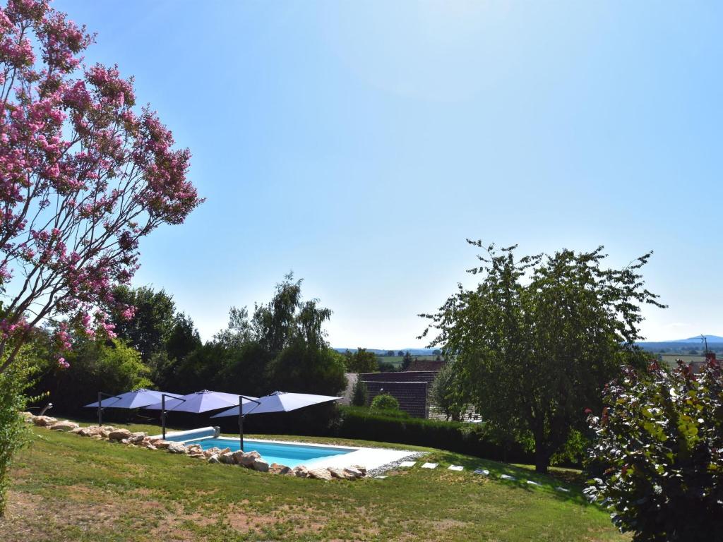 a swimming pool in a yard with umbrellas at Gorgeous Holiday Home in Martigny le Comte with private Pool in Martigny-le-Comte
