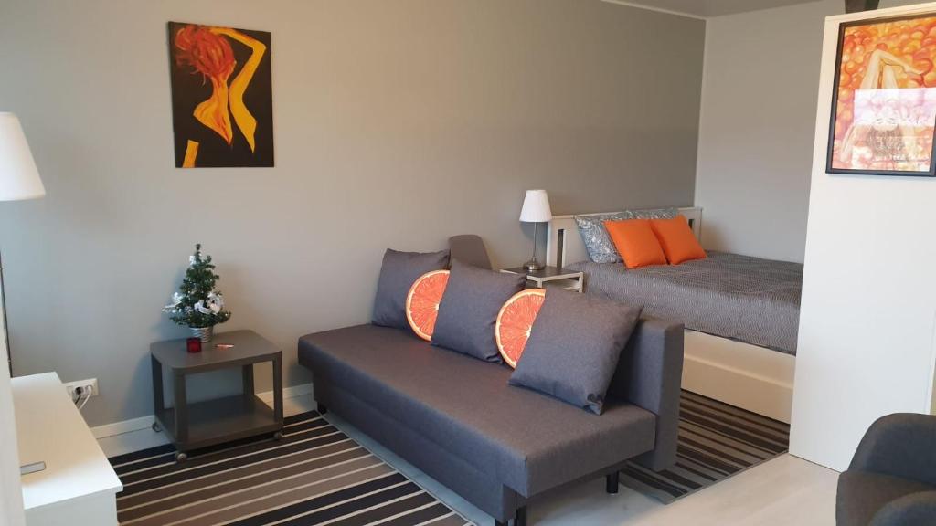 ein Wohnzimmer mit einem Sofa und einem Bett in der Unterkunft Hamina Orange Apartments Kadetti 2 in Hamina