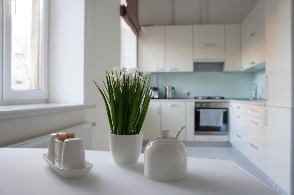 een witte keuken met een vaas met bloemen erin bij Modern Apartment in Lviv