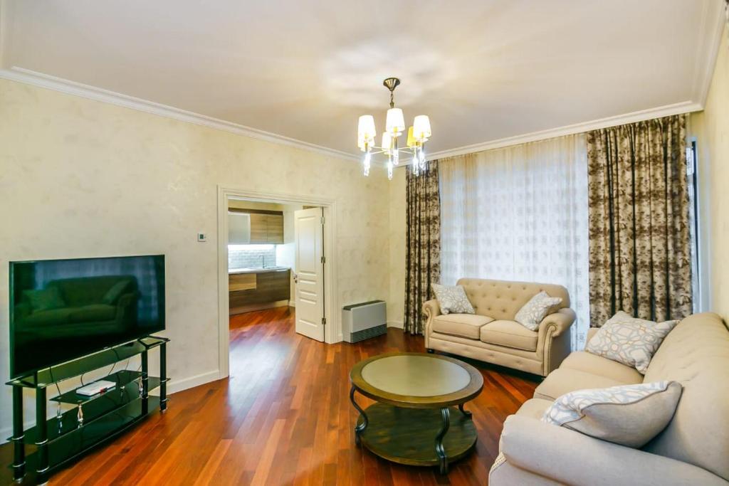 Lux Family Apartment in City Center في باكو: غرفة معيشة مع أريكة وتلفزيون