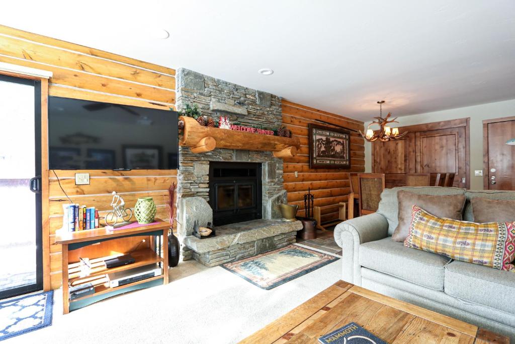 - un salon avec un canapé et une cheminée dans l'établissement Summit 81 Apartment, à Mammoth Lakes