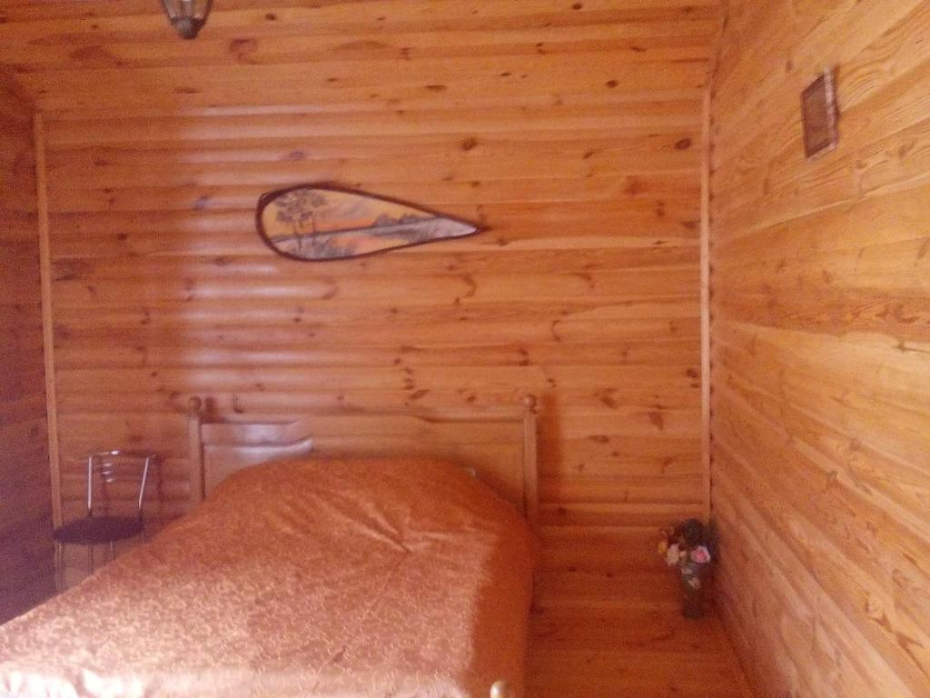 a bedroom with a bed in a wooden wall at Эко отель и баня in Kosharishche
