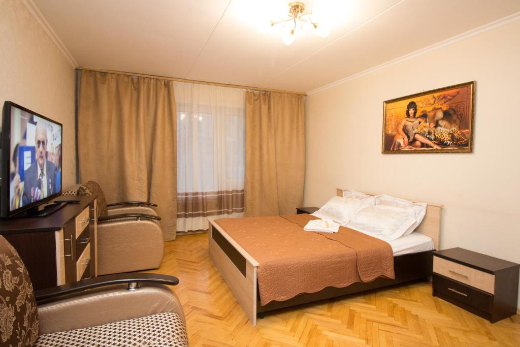 モスクワにあるApartment on Elninskaya 15のベッドルーム(ベッド1台、テレビ、ソファ付)
