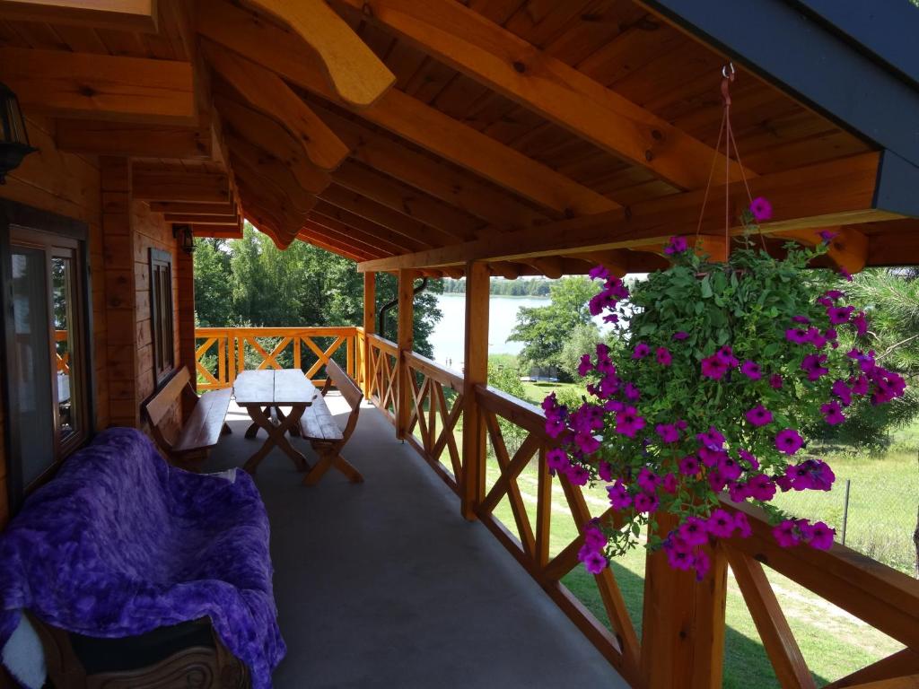 - une véranda dans une cabane en rondins ornée de fleurs violettes dans l'établissement DOM Z BALA - Sejneńszczyzna, à Sejny