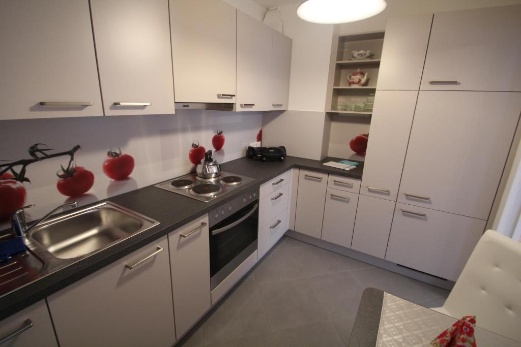 uma cozinha com armários brancos e um lavatório em Sonnenplatzl-adults only em Fulpmes