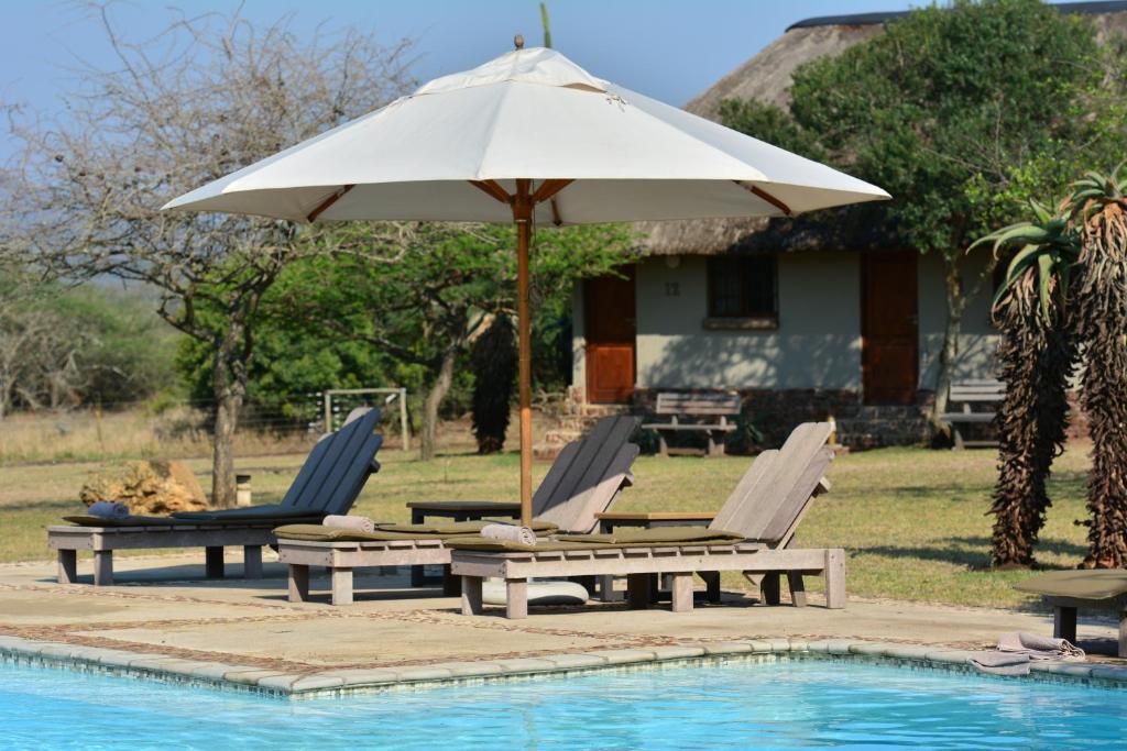 a group of chairs and an umbrella next to a pool at Bayala Private Safari Lodges in Hluhluwe