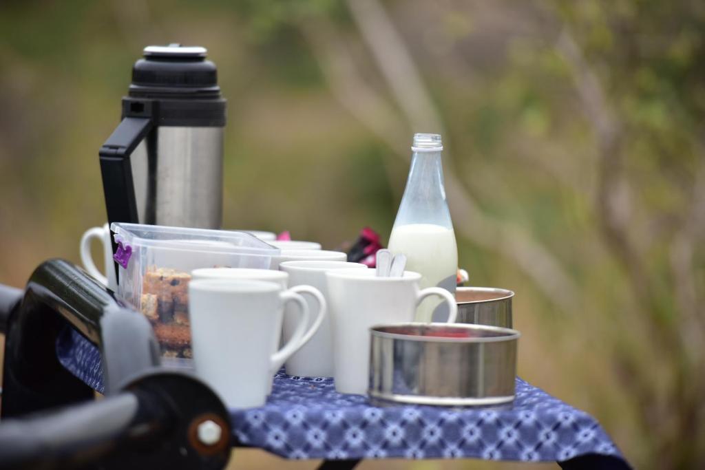a table with cups and a bottle of milk at Bayala Private Safari Lodges in Hluhluwe