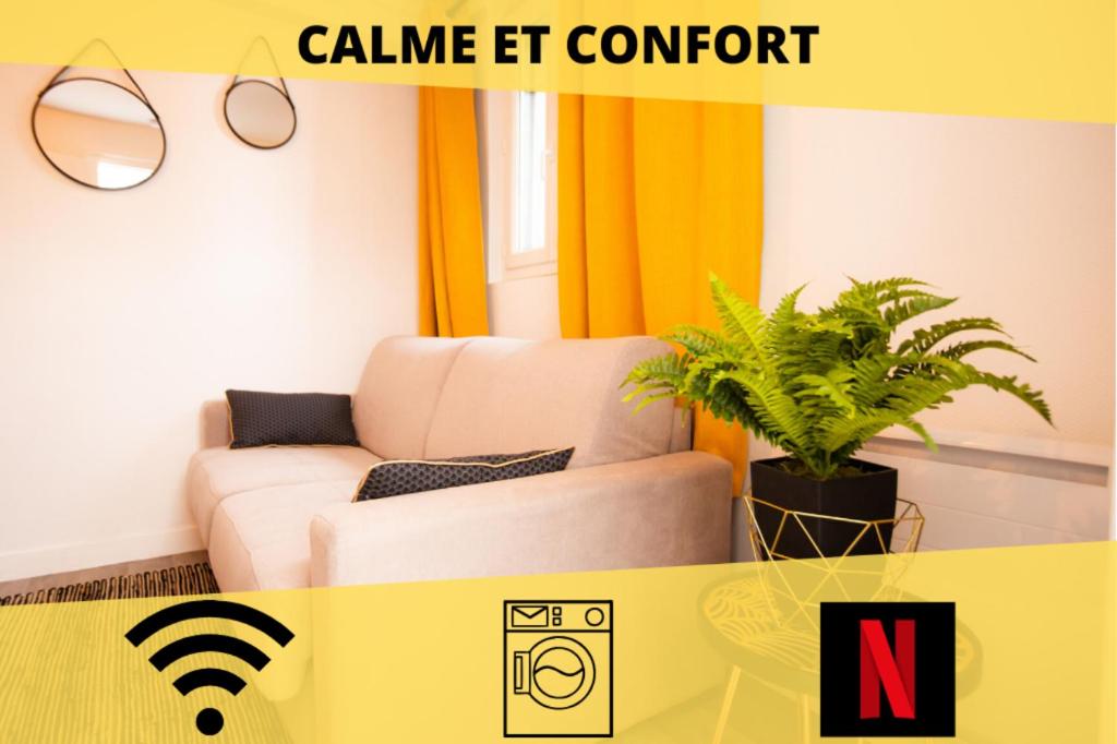 un salon avec un canapé et une plante dans l'établissement Appart Coeur de Rouen - Le Roi, à Rouen