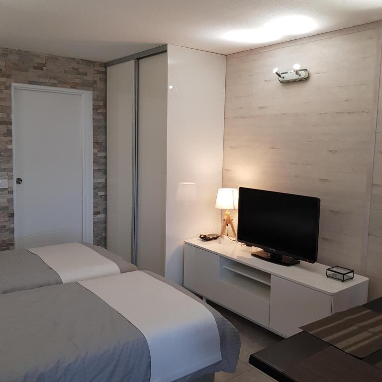 une chambre avec un lit et une télévision à écran plat dans l'établissement STUDIO 28 m2 TOUT CONFORT NEUF LABEL 3 ETOILES 4 PERSONNES CYBELE, à Brides-les-Bains