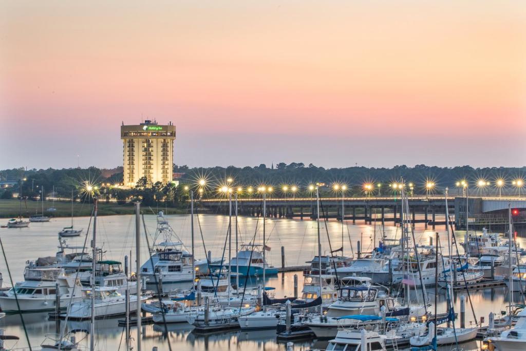 Holiday Inn Charleston-Riverview, an IHG Hotel في تشارلستون: مجموعة من القوارب رست في المارينا في الليل