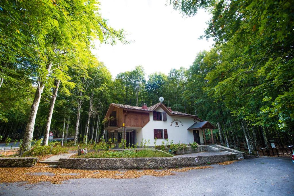 mały biały dom w środku lasu w obiekcie Chalet Il Cristallo-Monte Amiata w mieście Castel del Piano
