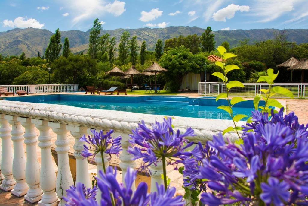 梅洛的住宿－El Cortijo Apart - Hotel，一个带游泳池和紫色鲜花的度假胜地