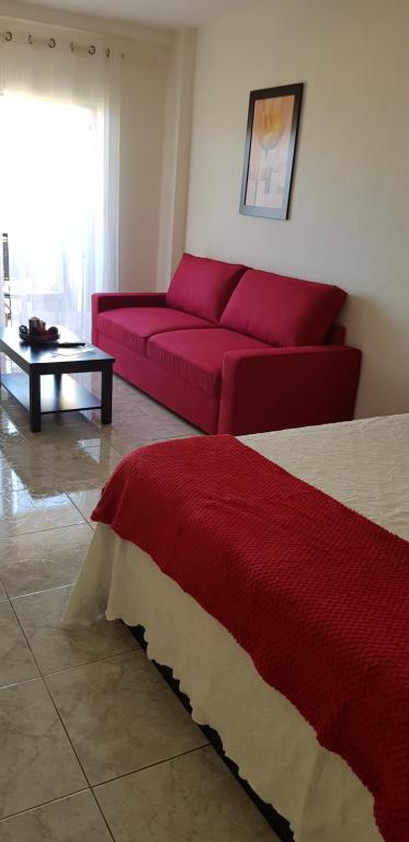 プエルト・デ・ラ・クルスにあるAcogedor estudio Seguro de Solのリビングルーム(ソファ、赤いソファ付)