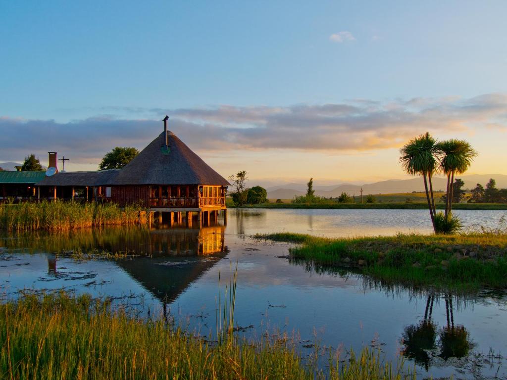 a house in the middle of a lake with palm trees at The Old Orchard Guest House in Kokstad