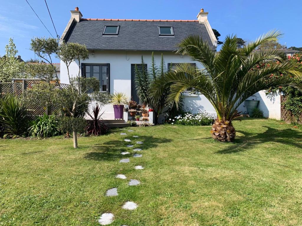 una casa con una palma nel cortile di Maison de charme 3 étoiles avec jardin clos terrasse PERROS-GUIREC - ref 869 a Perros-Guirec