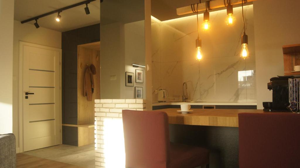 eine Küche mit Theke, Spüle und Beleuchtung in der Unterkunft Art Apartment Szczecin II in Stettin