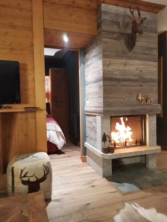- un salon avec une cheminée dans une cabane en rondins dans l'établissement Arc 1950 Chalet des lys, à Arc 1950