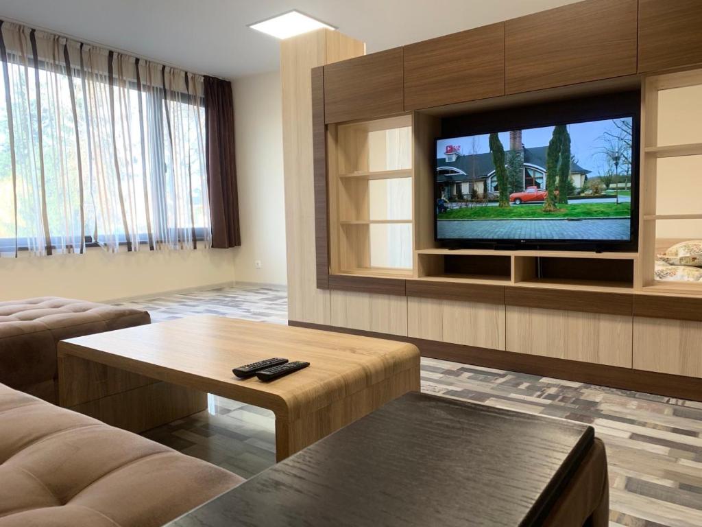 a living room with a couch and a tv at При Павката (Pri Pavkata) in Samokov
