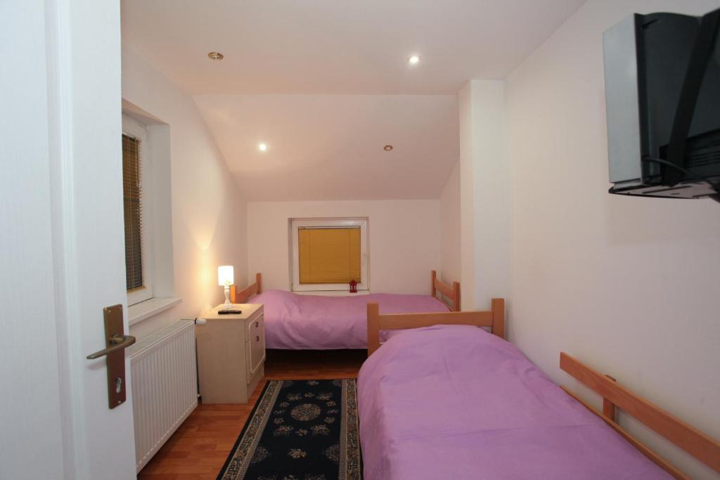 Apartman Carpe Diem 2 في زاييتشار: غرفة نوم صغيرة بسريرين وتلفزيون