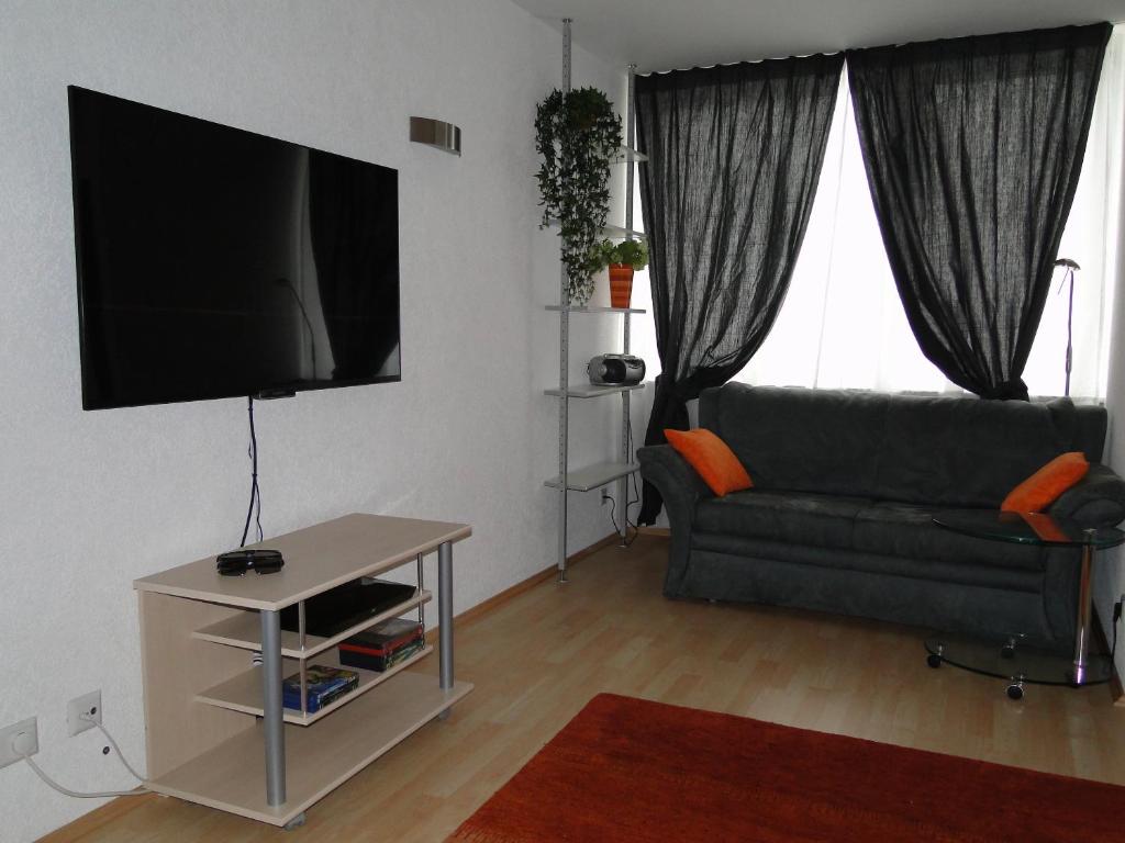 a living room with a couch and a flat screen tv at Alb Studio in St. Blasien