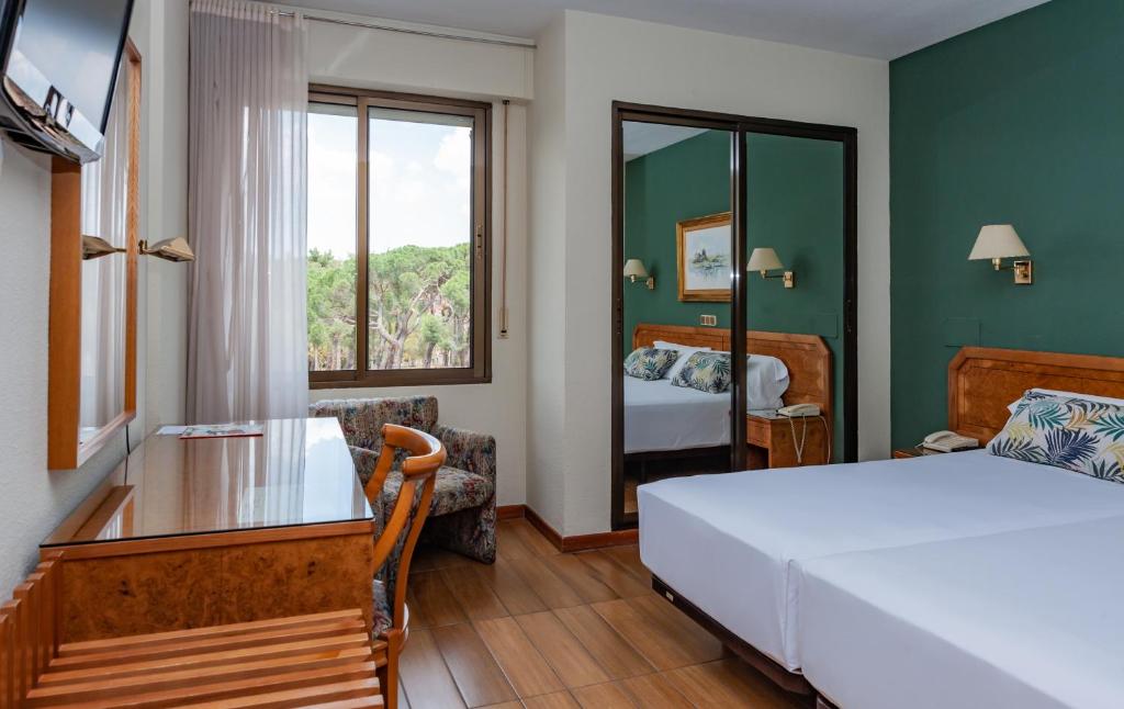 a bedroom with a bed and a desk and a window at Hotel Don Carmelo in Ávila