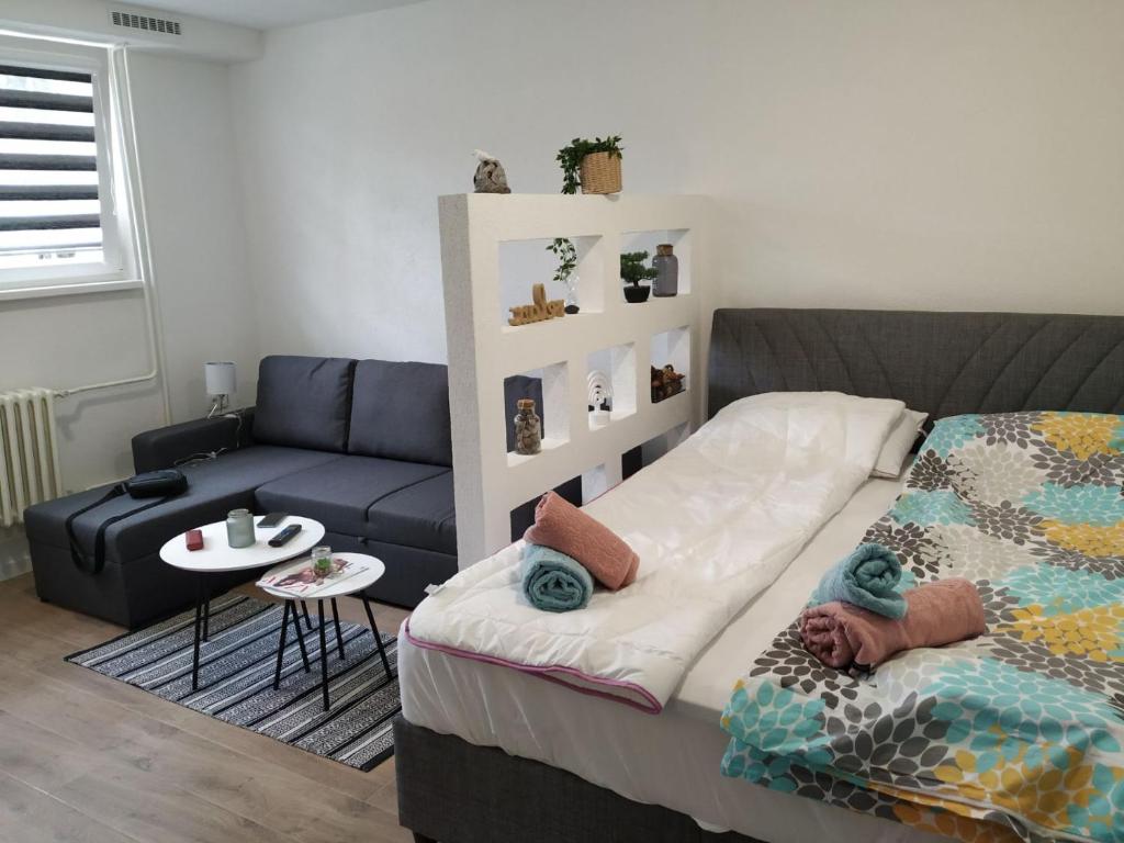 een woonkamer met een bed en een bank bij Apartman Dejna in Sarajevo