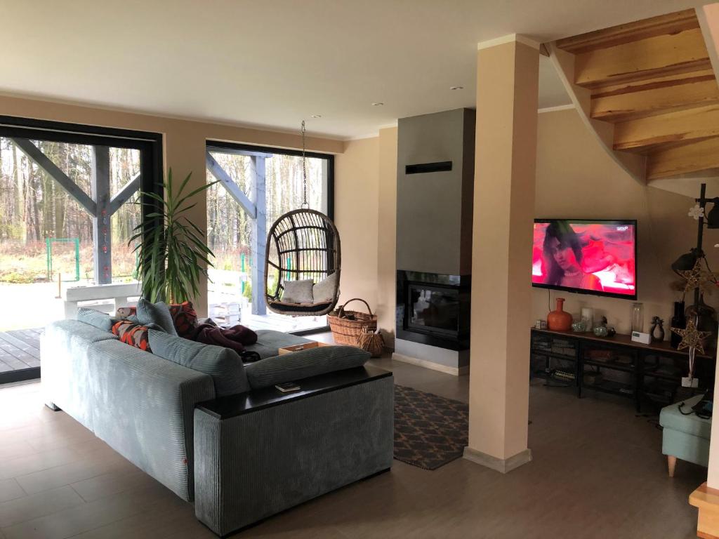 uma sala de estar com um sofá e uma televisão em Lakehouse Nakielno em Wałcz