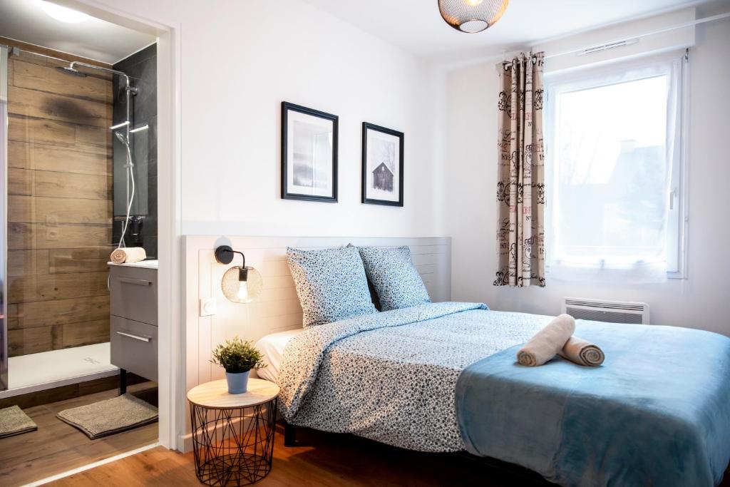 a bedroom with a bed and a walk in shower at Chic & Cosy Appartement avec Terrasse, Parking Privatif in Saint-Grégoire