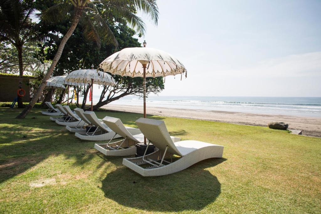a row of chairs and umbrellas on a beach at Kelapa Retreat & Spa in Pulukan
