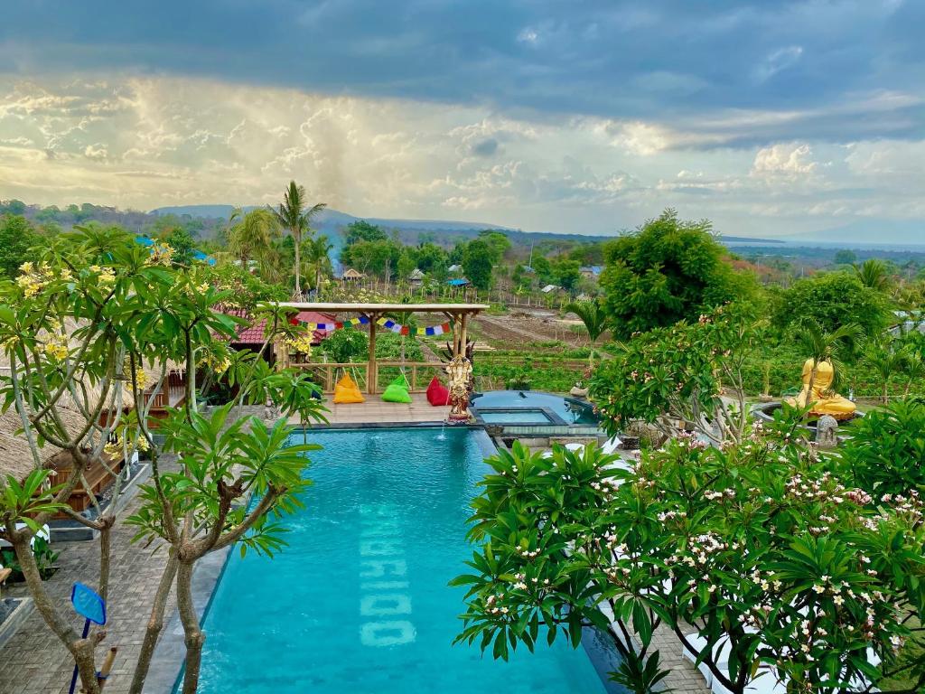 an overhead view of a swimming pool at a resort at Odiyana Bali Retreat in Banyuwedang