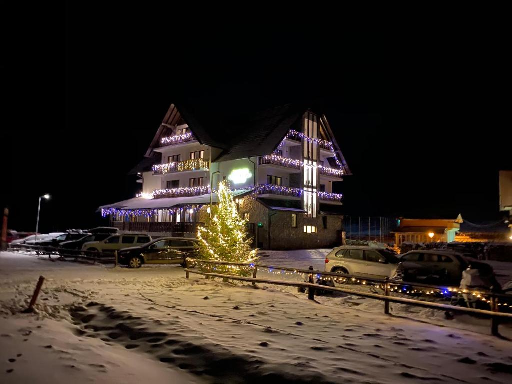 陶比斯特拉的住宿－Poarta Raiului，停车场里一座有圣诞树的建筑