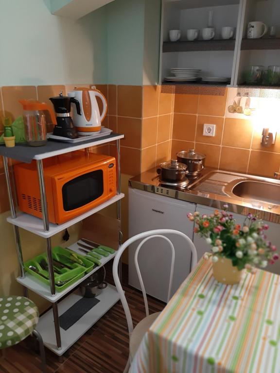 Kuchyň nebo kuchyňský kout v ubytování Panoráma Vendégház