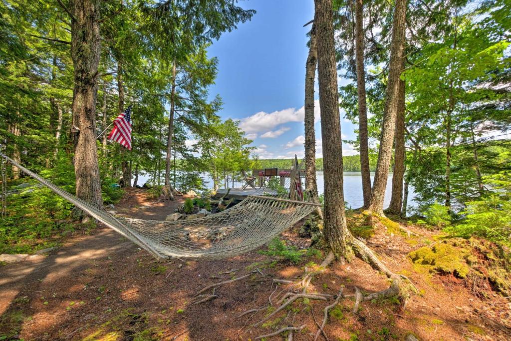 a hammock in the woods next to a lake at Waterfront Great Pond Cottage with Hot Tub and Deck! in Aurora