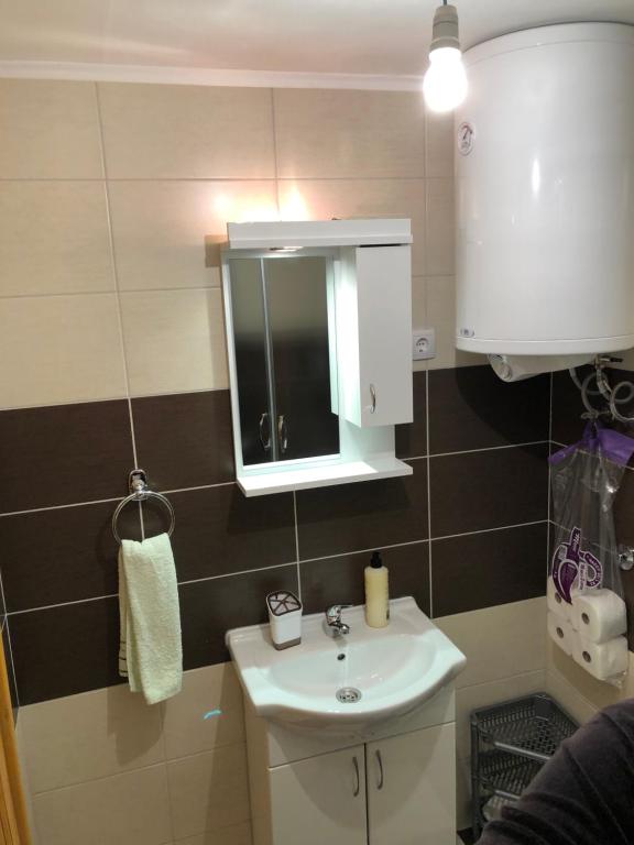 a small bathroom with a sink and a mirror at Apartmani Sredojevic in Kaludjerske Bare