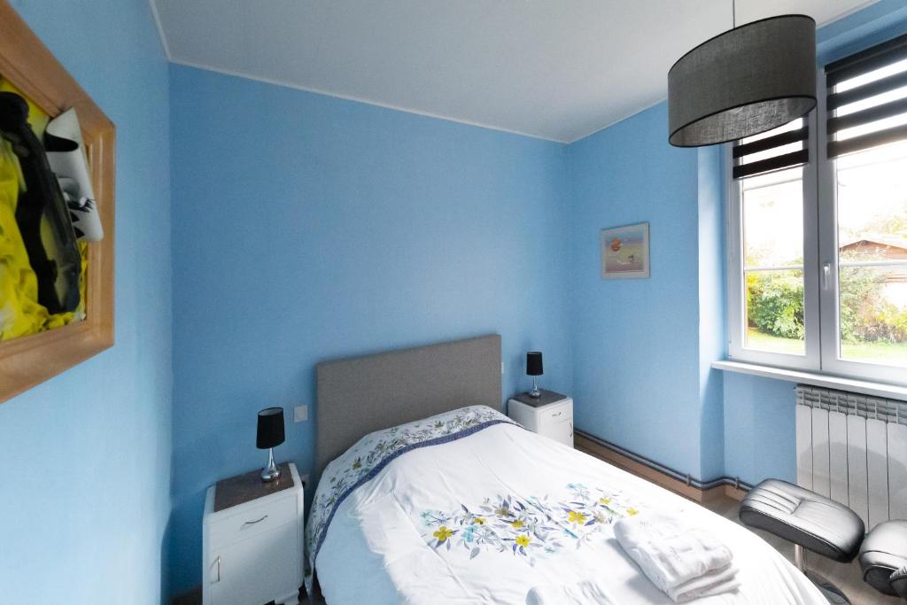 Dormitorio azul con cama y ventana en Gîte d’Anna, en Mackenheim