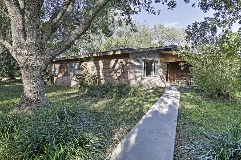 a house with a tree and a sidewalk in front of it at Mid-Century Brownsville Hideaway with Patio and Yard! in Brownsville