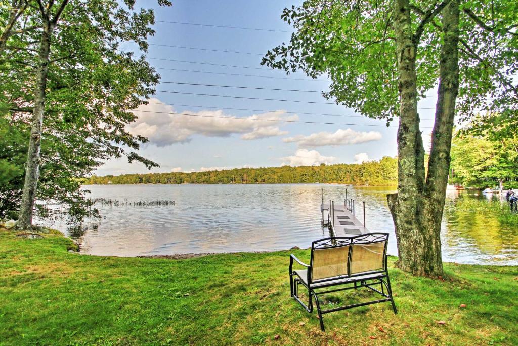 un banc assis sur l'herbe à côté d'un lac dans l'établissement Scenic Lyman Home on Swan Pond with Wraparound Deck!, à Spang Mills