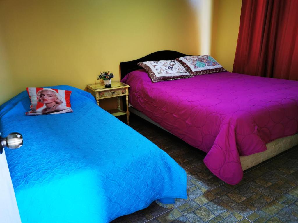 Cabaña Oasis de Pica في بيكا: سريرين يجلسون بجانب بعض في غرفة النوم
