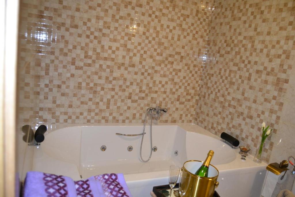 a bath tub with a shower in a bathroom at Casa rural La Senderilla in Ávila